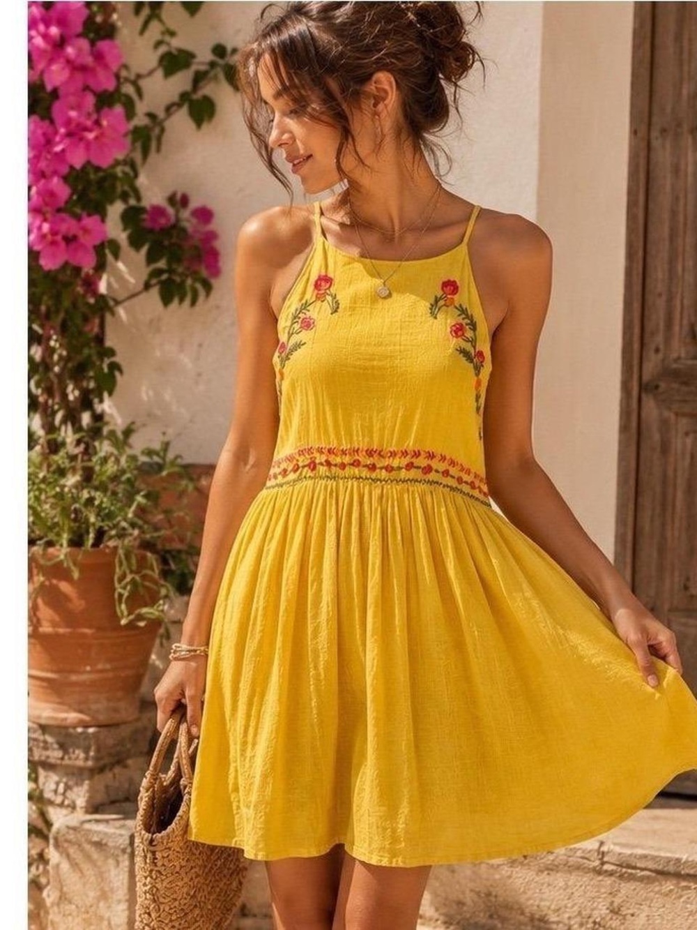 Boho Floral Embroidered Yellow Mini Dress NWOT